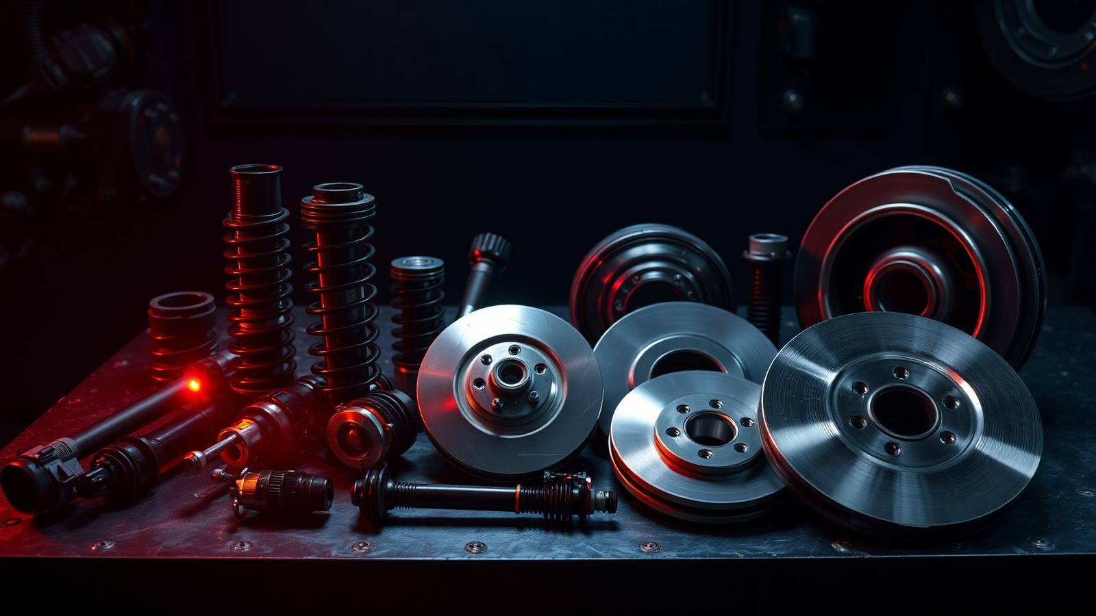 Peças automotivas de motor, suspensão e freios sobre bancada industrial